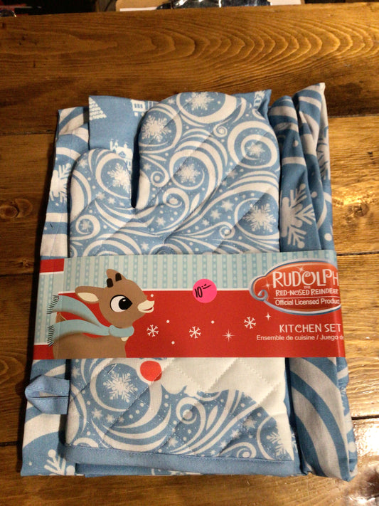 Rudolph the red nose reindeer holiday apron and oven mit set