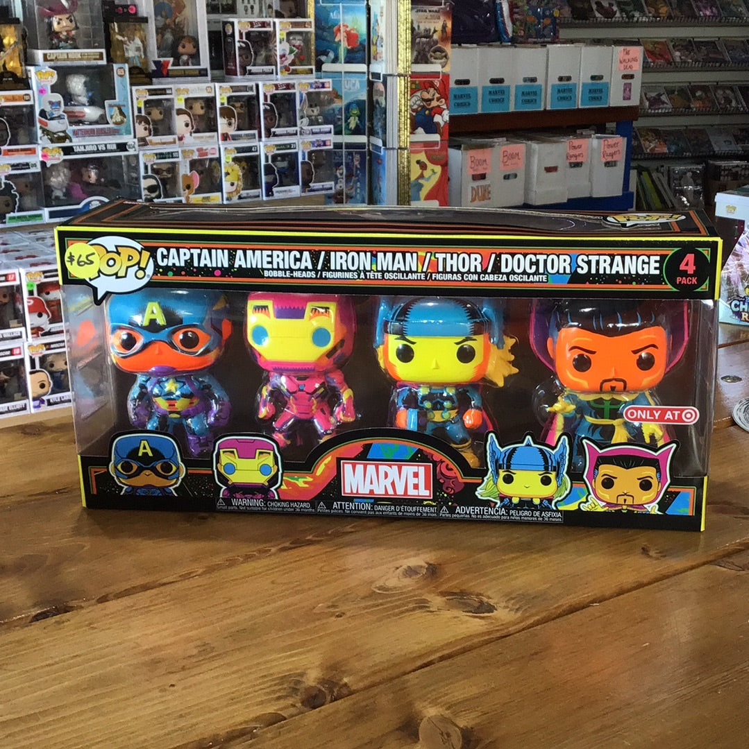 Marvel - Captain America / Iron Man / Thor / Doctor Strange - Target Blacklight Exclusive Funko 4 Pack